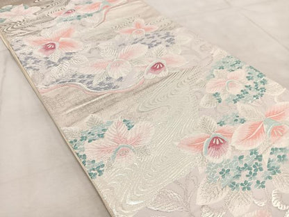 平和屋着物◎六通柄袋帯 唐織 流水カトレア文 銀糸 正絹 逸品 BAAV4475yc
