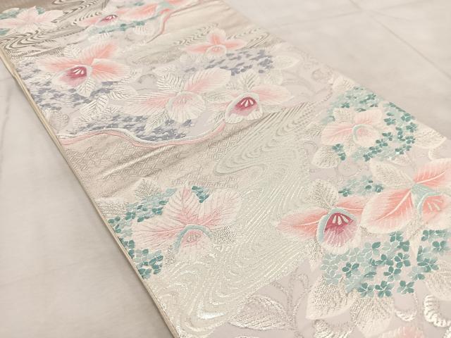 平和屋着物◎六通柄袋帯 唐織 流水カトレア文 銀糸 正絹 逸品 BAAV4475yc