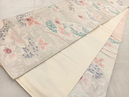 平和屋着物◎六通柄袋帯 唐織 流水カトレア文 銀糸 正絹 逸品 BAAV4475yc