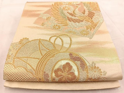 平和屋着物◎六通柄袋帯　飛鶴鼓花文　金糸　正絹　逸品　BAAV4477yc