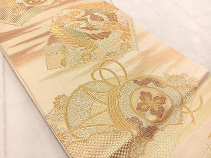 平和屋着物◎六通柄袋帯　飛鶴鼓花文　金糸　正絹　逸品　BAAV4477yc