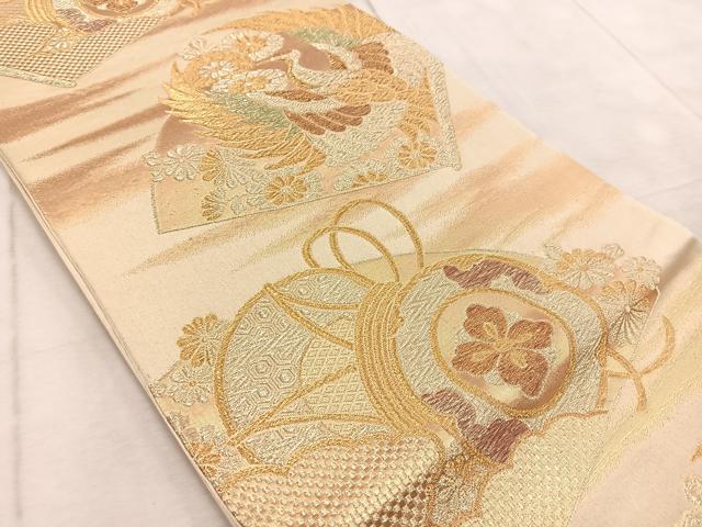平和屋着物◎六通柄袋帯　飛鶴鼓花文　金糸　正絹　逸品　BAAV4477yc