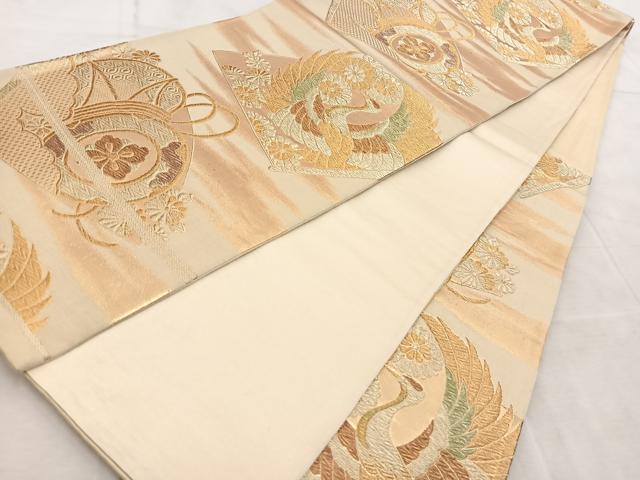 平和屋着物◎六通柄袋帯　飛鶴鼓花文　金糸　正絹　逸品　BAAV4477yc