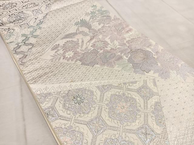 平和屋着物◎六通柄袋帯 切嵌花鳥文 銀糸 正絹 逸品 BAAV4482yc