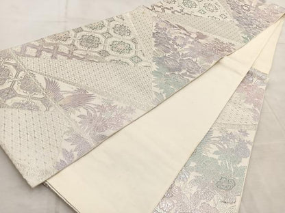 平和屋着物◎六通柄袋帯 切嵌花鳥文 銀糸 正絹 逸品 BAAV4482yc