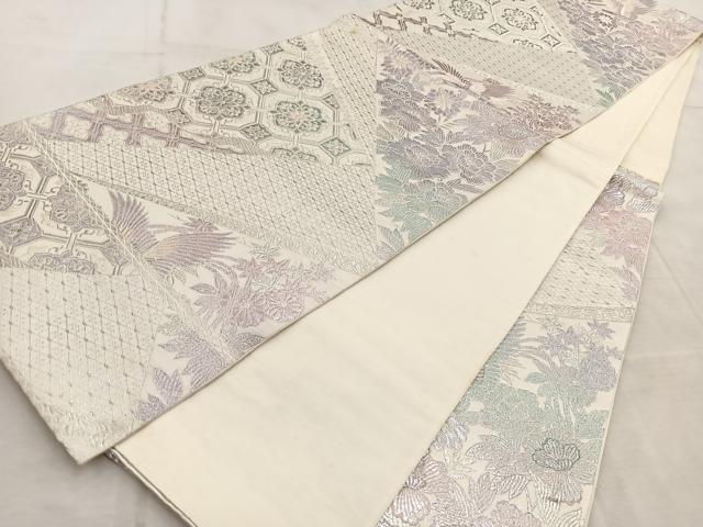 平和屋着物◎六通柄袋帯 切嵌花鳥文 銀糸 正絹 逸品 BAAV4482yc