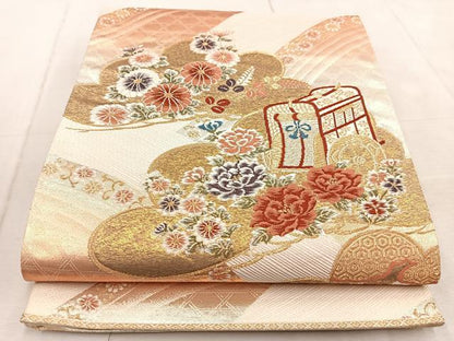 平和屋着物◎六通柄袋帯　唐織　松取御所車花文　金銀糸　正絹　逸品　BAAV4483yc