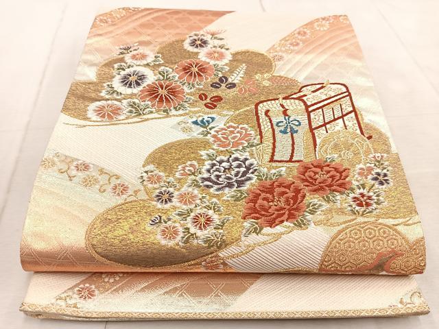 平和屋着物◎六通柄袋帯　唐織　松取御所車花文　金銀糸　正絹　逸品　BAAV4483yc