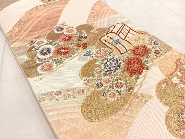 平和屋着物◎六通柄袋帯　唐織　松取御所車花文　金銀糸　正絹　逸品　BAAV4483yc