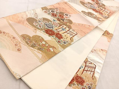 平和屋着物◎六通柄袋帯　唐織　松取御所車花文　金銀糸　正絹　逸品　BAAV4483yc