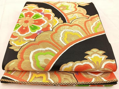 平和屋着物◎六通柄袋帯　唐織　花青海波　黒地　金糸　正絹　逸品　BAAV4497yc