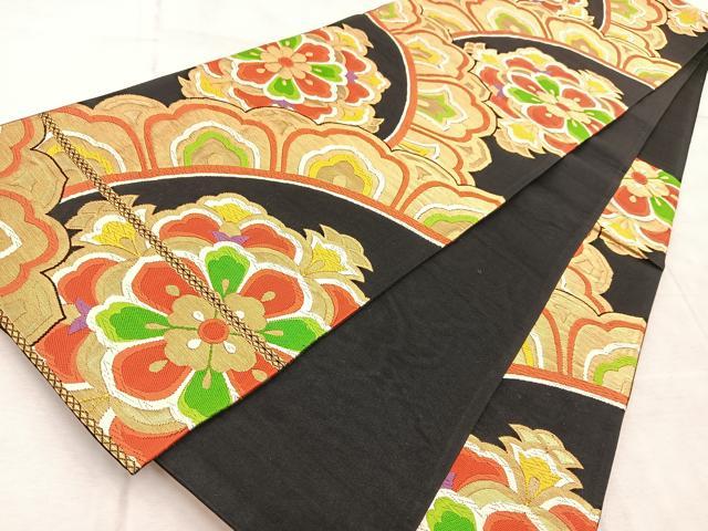 平和屋着物◎六通柄袋帯　唐織　花青海波　黒地　金糸　正絹　逸品　BAAV4497yc