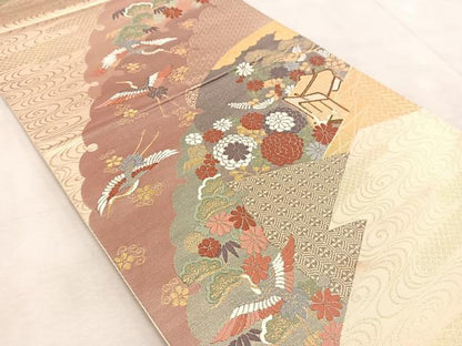 平和屋着物◎六通柄袋帯　唐織　本うるし箔　飛鶴御所車花文　正絹　逸品　BAAV4499yc
