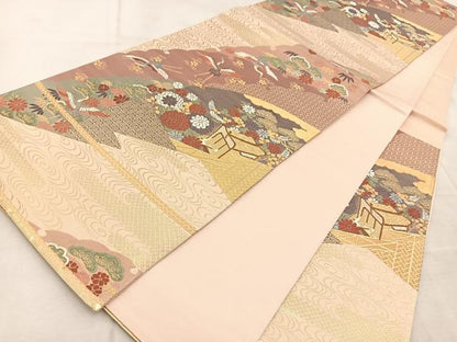 平和屋着物◎六通柄袋帯　唐織　本うるし箔　飛鶴御所車花文　正絹　逸品　BAAV4499yc