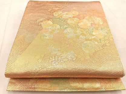 平和屋着物◎六通柄袋帯 風景花文 金糸 正絹 逸品 BAAV4501yc