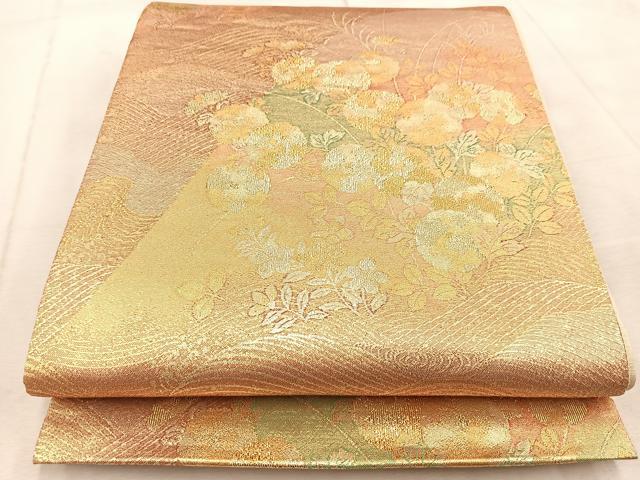 平和屋着物◎六通柄袋帯 風景花文 金糸 正絹 逸品 BAAV4501yc