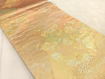 平和屋着物◎六通柄袋帯 風景花文 金糸 正絹 逸品 BAAV4501yc