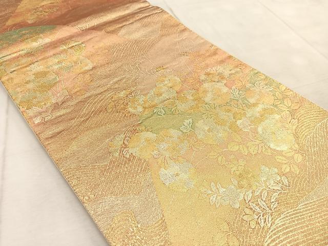 平和屋着物◎六通柄袋帯 風景花文 金糸 正絹 逸品 BAAV4501yc