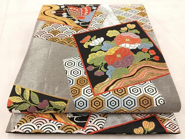 平和屋着物◎六通柄袋帯　唐織　色紙重ね花蝶文　金銀糸　正絹　逸品　BAAV4504yc