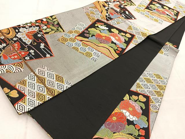 平和屋着物◎六通柄袋帯　唐織　色紙重ね花蝶文　金銀糸　正絹　逸品　BAAV4504yc