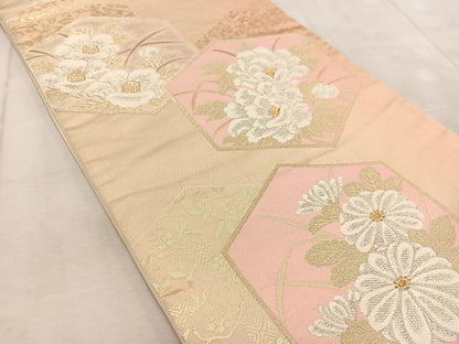 平和屋着物◎六通柄袋帯 唐織 亀甲花文 金銀糸 正絹 逸品 BAAV4505yc