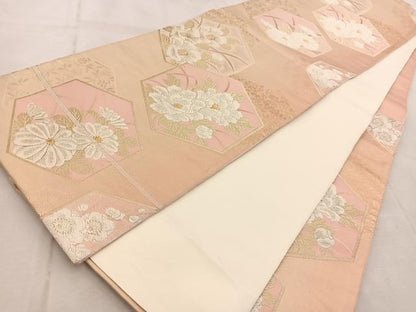 平和屋着物◎六通柄袋帯 唐織 亀甲花文 金銀糸 正絹 逸品 BAAV4505yc
