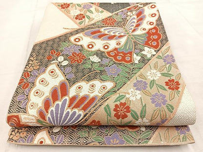 平和屋着物◎六通柄袋帯　唐織　花蝶文　金銀糸　正絹　逸品　BAAV4518yc