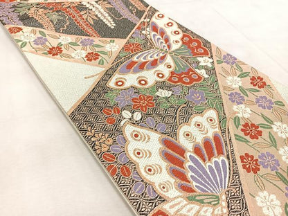 平和屋着物◎六通柄袋帯　唐織　花蝶文　金銀糸　正絹　逸品　BAAV4518yc