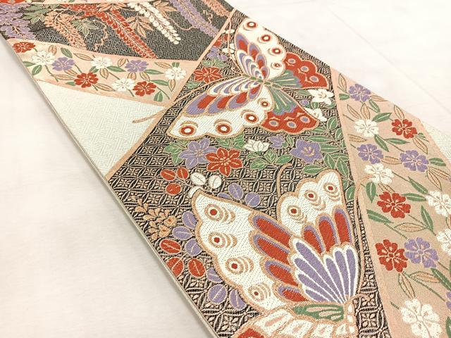 平和屋着物◎六通柄袋帯　唐織　花蝶文　金銀糸　正絹　逸品　BAAV4518yc