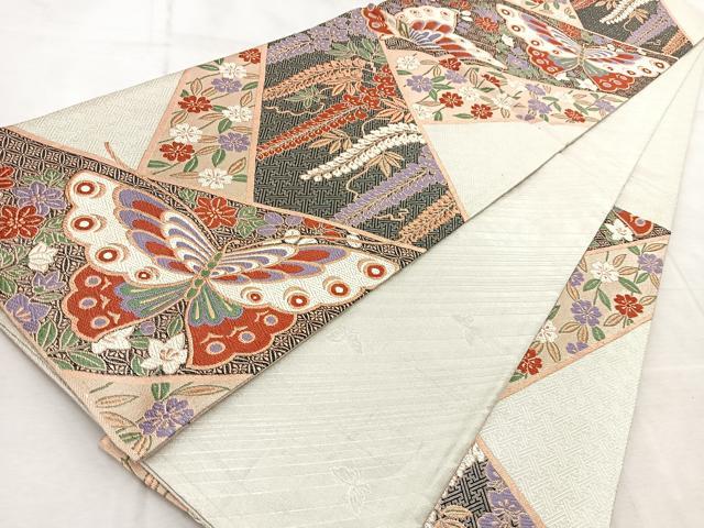 平和屋着物◎六通柄袋帯　唐織　花蝶文　金銀糸　正絹　逸品　BAAV4518yc