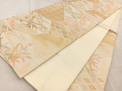 平和屋着物◎六通柄袋帯　唐織　切嵌竹花文　金銀糸　正絹　逸品　BAAV4526yc