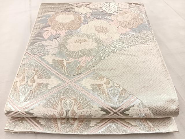 平和屋着物◎六通柄袋帯　唐織　地紙双鶴花文　銀糸　正絹　逸品　BAAV4530yc