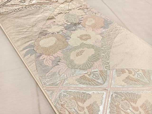 平和屋着物◎六通柄袋帯　唐織　地紙双鶴花文　銀糸　正絹　逸品　BAAV4530yc