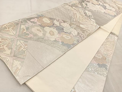 平和屋着物◎六通柄袋帯　唐織　地紙双鶴花文　銀糸　正絹　逸品　BAAV4530yc