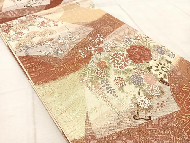 平和屋着物◎六通柄袋帯　唐織　扇面重花車文　金糸　正絹　逸品　BAAV4533yc