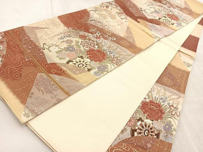 平和屋着物◎六通柄袋帯　唐織　扇面重花車文　金糸　正絹　逸品　BAAV4533yc