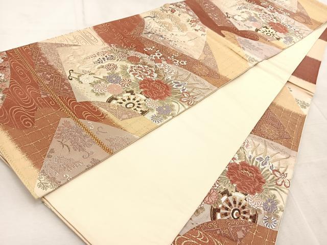 平和屋着物◎六通柄袋帯　唐織　扇面重花車文　金糸　正絹　逸品　BAAV4533yc