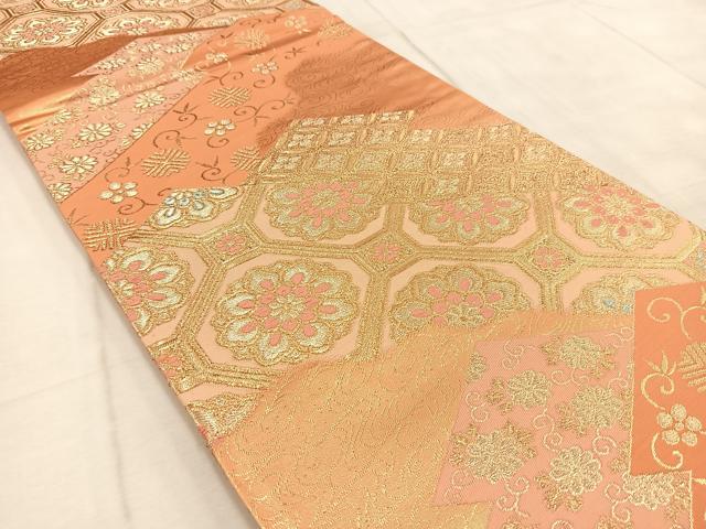 平和屋着物◎六通柄袋帯 唐織 松皮菱蜀江花文 金糸 正絹 逸品 BAAV4536yc