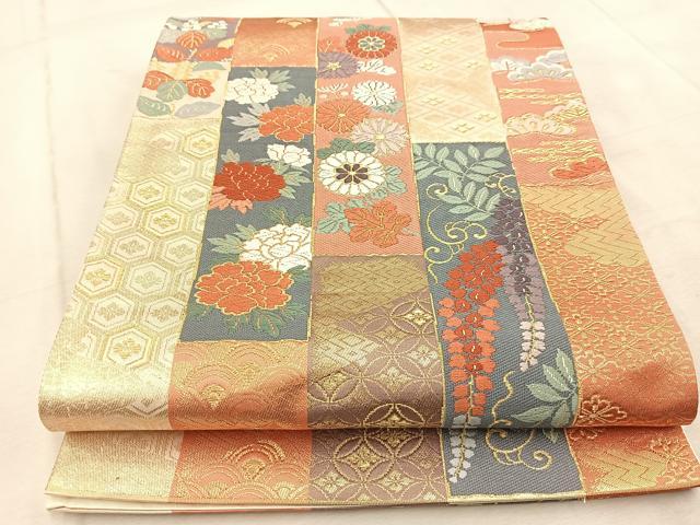 平和屋着物◎六通柄袋帯　唐織　吉祥花間道　金糸　正絹　逸品　BAAV4537yc