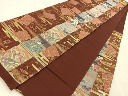 平和屋着物◎六通柄袋帯　唐織　花野散歌　金糸　正絹　逸品　BAAV4548yc