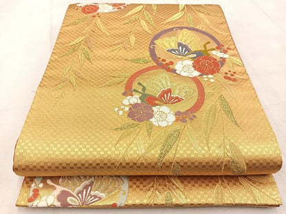 平和屋着物◎六通柄袋帯　唐織　花蝶丸文　金糸　正絹　逸品　BAAV4565yc