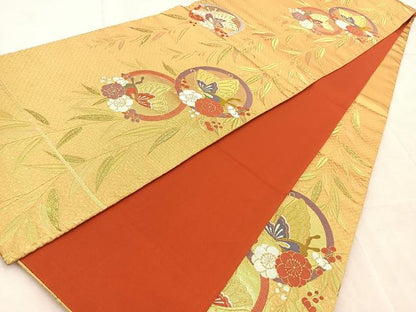 平和屋着物◎六通柄袋帯　唐織　花蝶丸文　金糸　正絹　逸品　BAAV4565yc