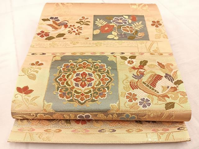 平和屋着物◎六通柄袋帯　唐織　横段花鳥文　金糸　正絹　逸品　BAAV4567yc