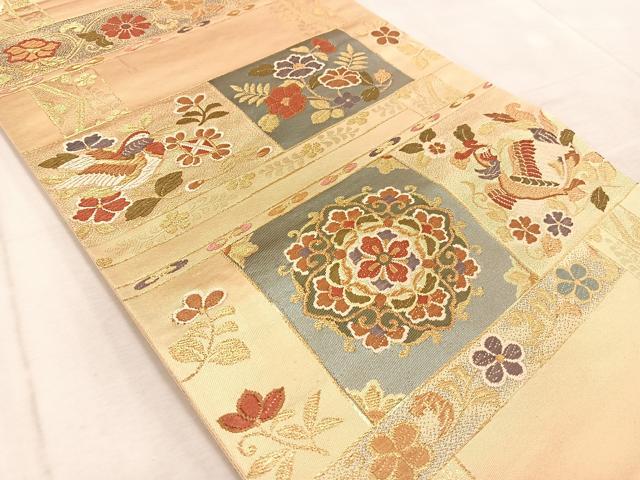 平和屋着物◎六通柄袋帯　唐織　横段花鳥文　金糸　正絹　逸品　BAAV4567yc