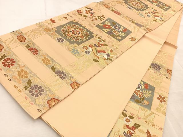 平和屋着物◎六通柄袋帯　唐織　横段花鳥文　金糸　正絹　逸品　BAAV4567yc
