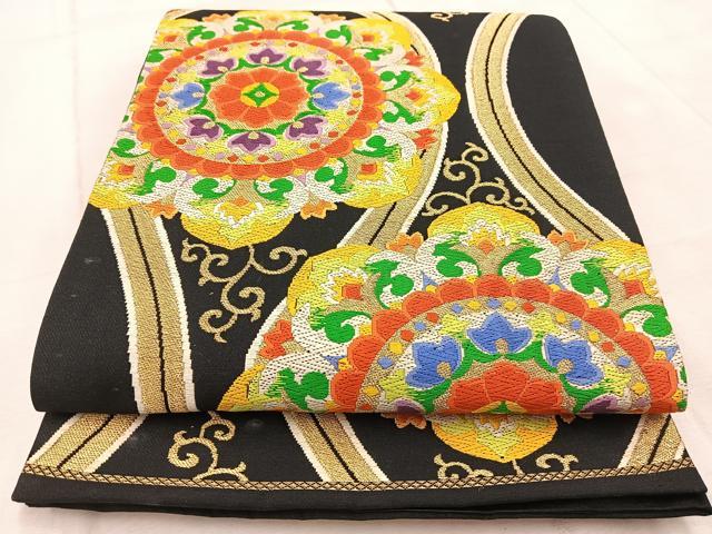 平和屋着物◎六通柄袋帯　唐織　立涌更紗花文　黒地　金糸　正絹　逸品　BAAV4569yc