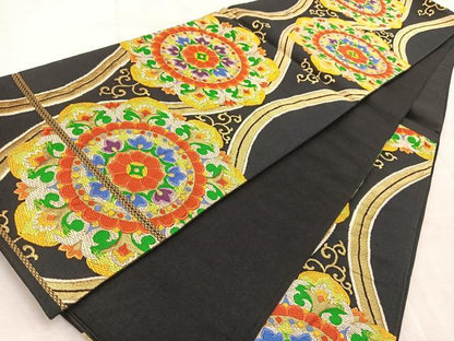 平和屋着物◎六通柄袋帯　唐織　立涌更紗花文　黒地　金糸　正絹　逸品　BAAV4569yc