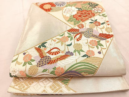 平和屋着物◎六通柄袋帯　唐織　鴛鴦花丸文　金銀糸　正絹　逸品　BAAV4572yc