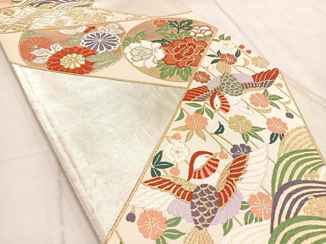平和屋着物◎六通柄袋帯　唐織　鴛鴦花丸文　金銀糸　正絹　逸品　BAAV4572yc