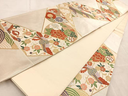平和屋着物◎六通柄袋帯　唐織　鴛鴦花丸文　金銀糸　正絹　逸品　BAAV4572yc
